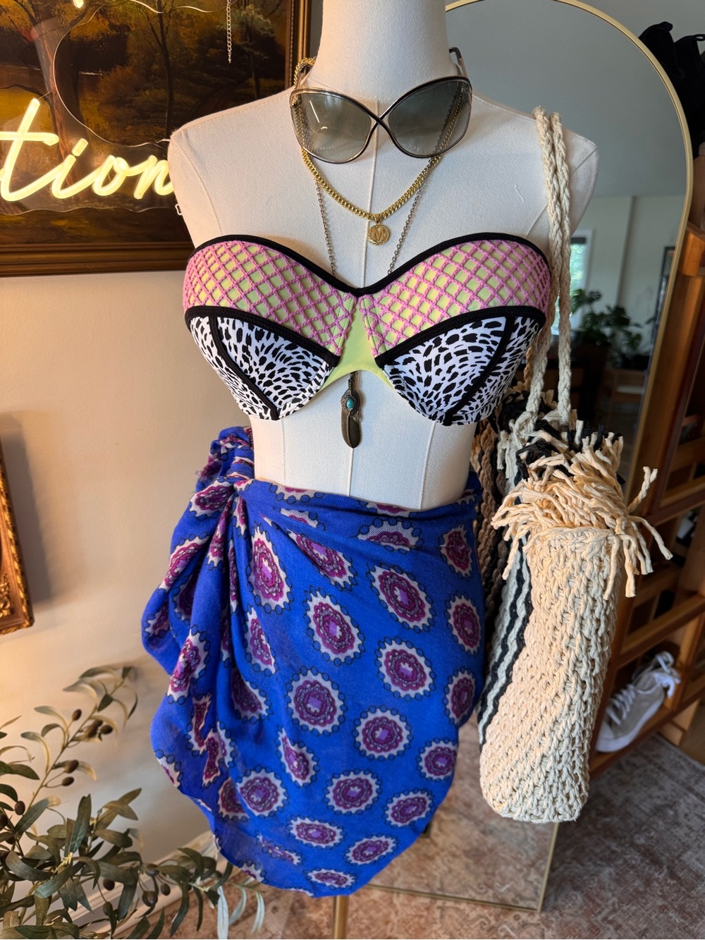 Shade & Shore Neon Pink, Yellow & Black Patterned Bandeau Bikini Top